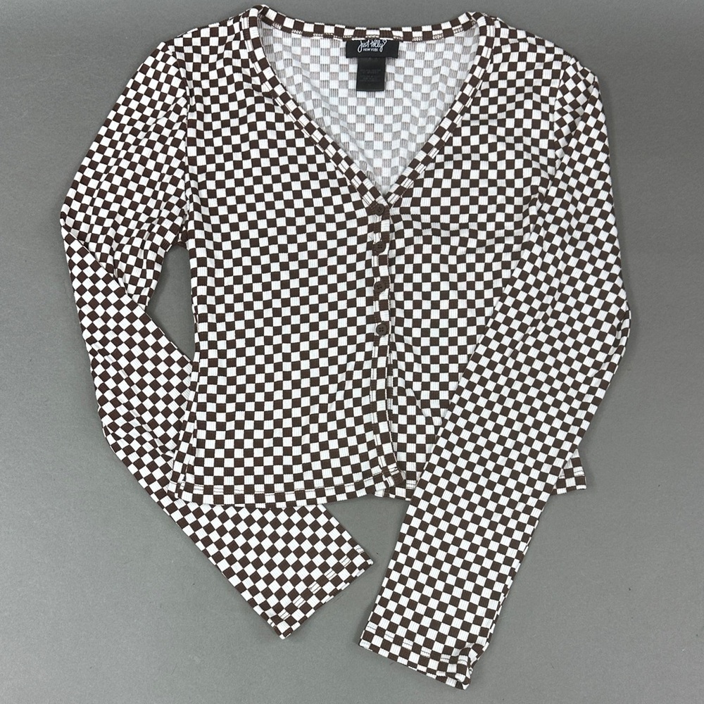 Just Polly New York Brown and White Checkered Cardigan Button Shirt Size S